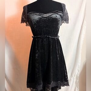 Black Crushed Velvet High Low Dress with Lace